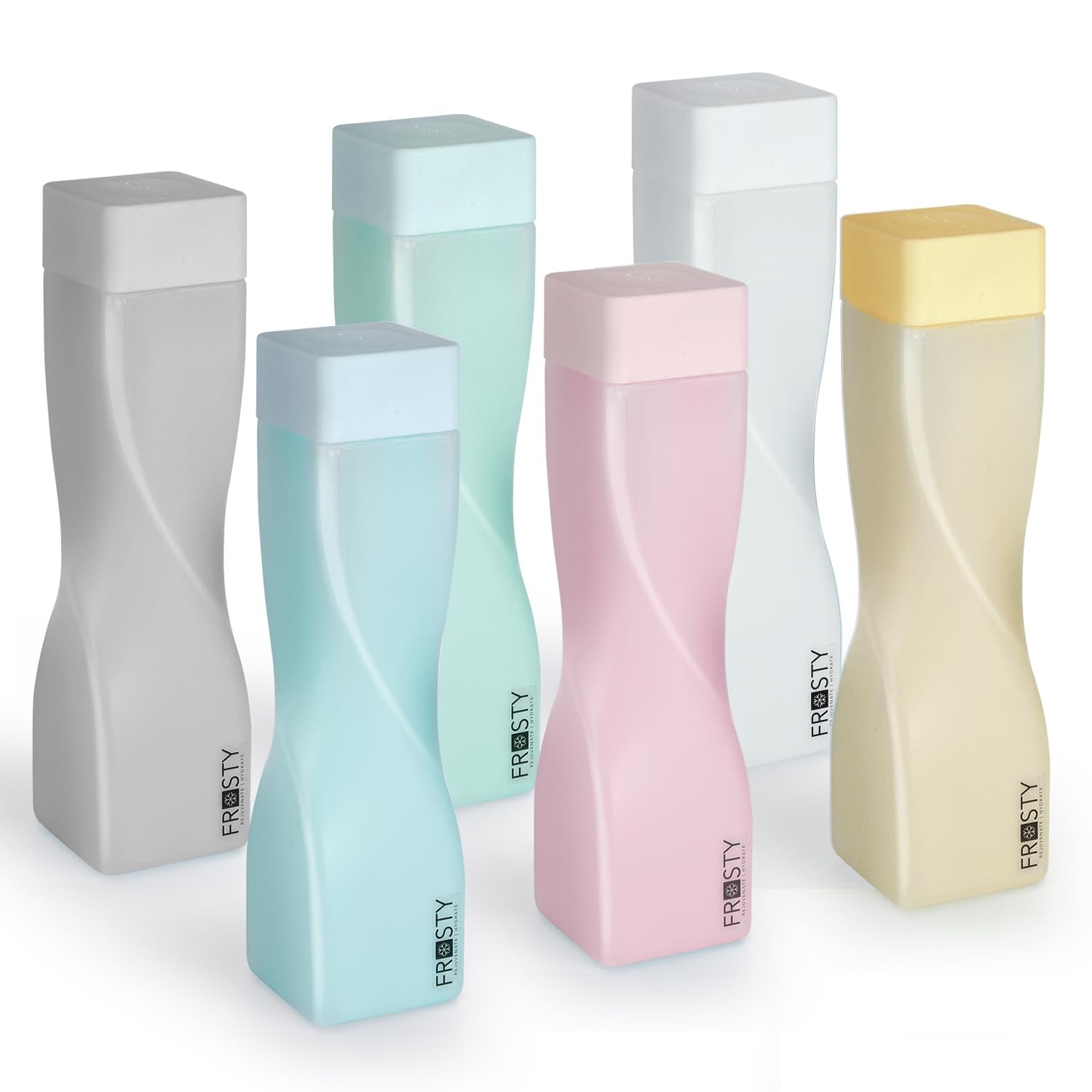 Aquaware Frosty Twist Plastic Food Grade Fridge Square Water Bottle Gift Set(6 Pieces, 1L,Assorted) | 950 Milliliter