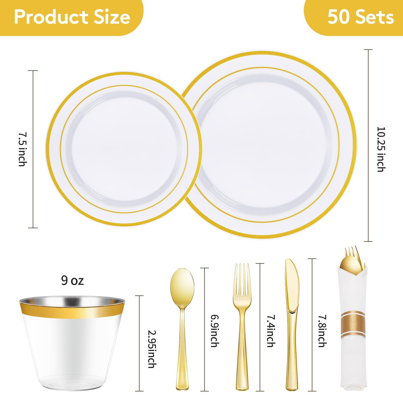 Goodluck 350 Piece Gold Plastic Dinnerware Set For 50 Guests, Fancy Disposable Plates For Party, Include: 50 Dinner Plates, 50 D