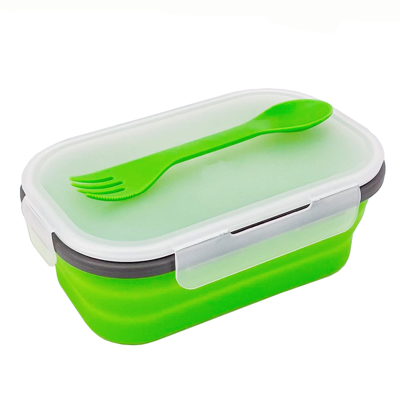 Green Food Grade Silicone Lunch Container Bento Box, Collapsible Food Storage Containers With Airtight Lids And 2In1 Fork, Reusa