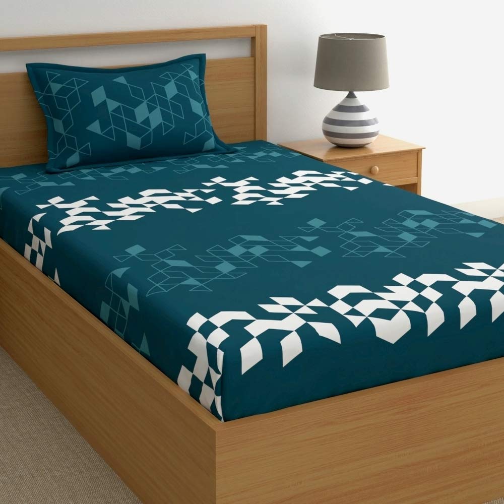 Dreamscape 100% Cotton Single Bedsheet With 1 Pillow Cover - (Size 59 X 88 Inches, 140 Tc, Colour - Teal Blue)