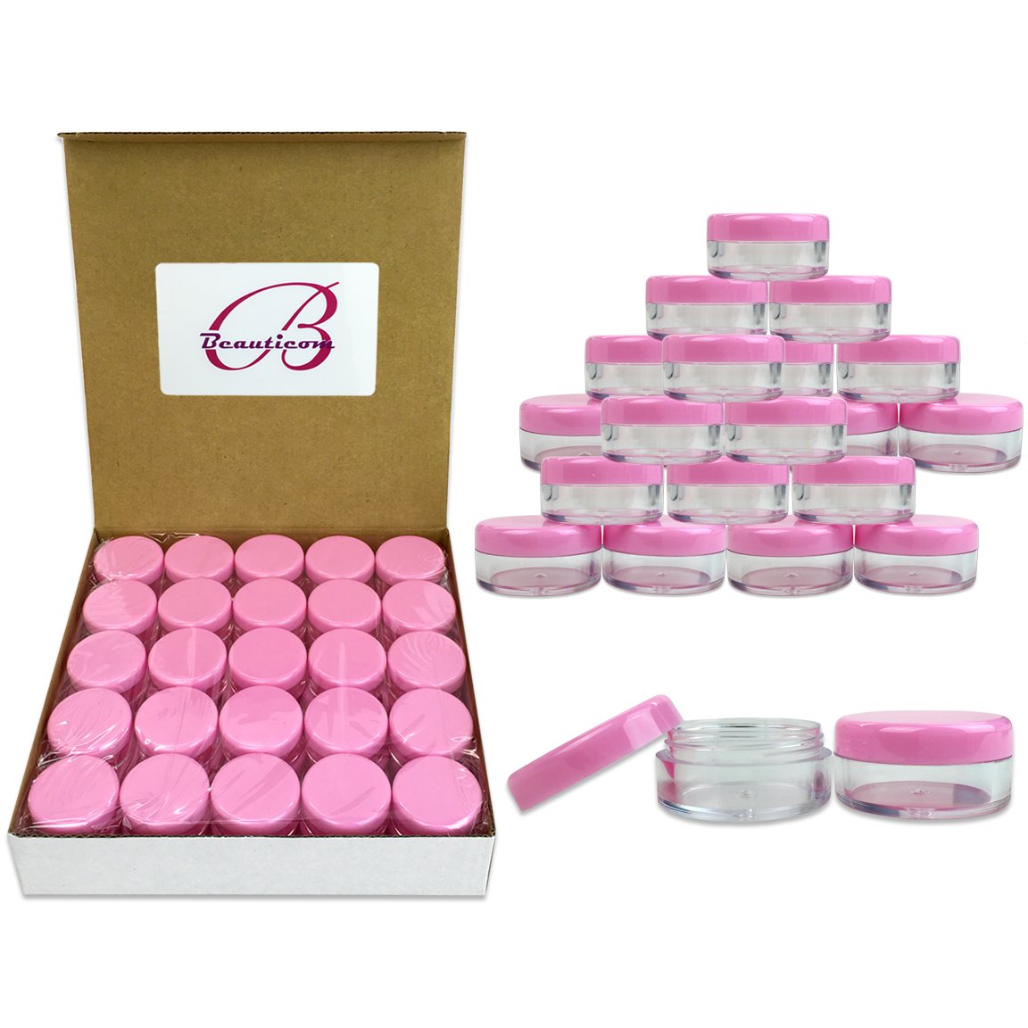 Beauticom (Quantity: 100 Pcs) 5G/5Ml Round Clear Jars With Pink Lids For Jams, Honey, Cooking Oils, Herbs And Spices