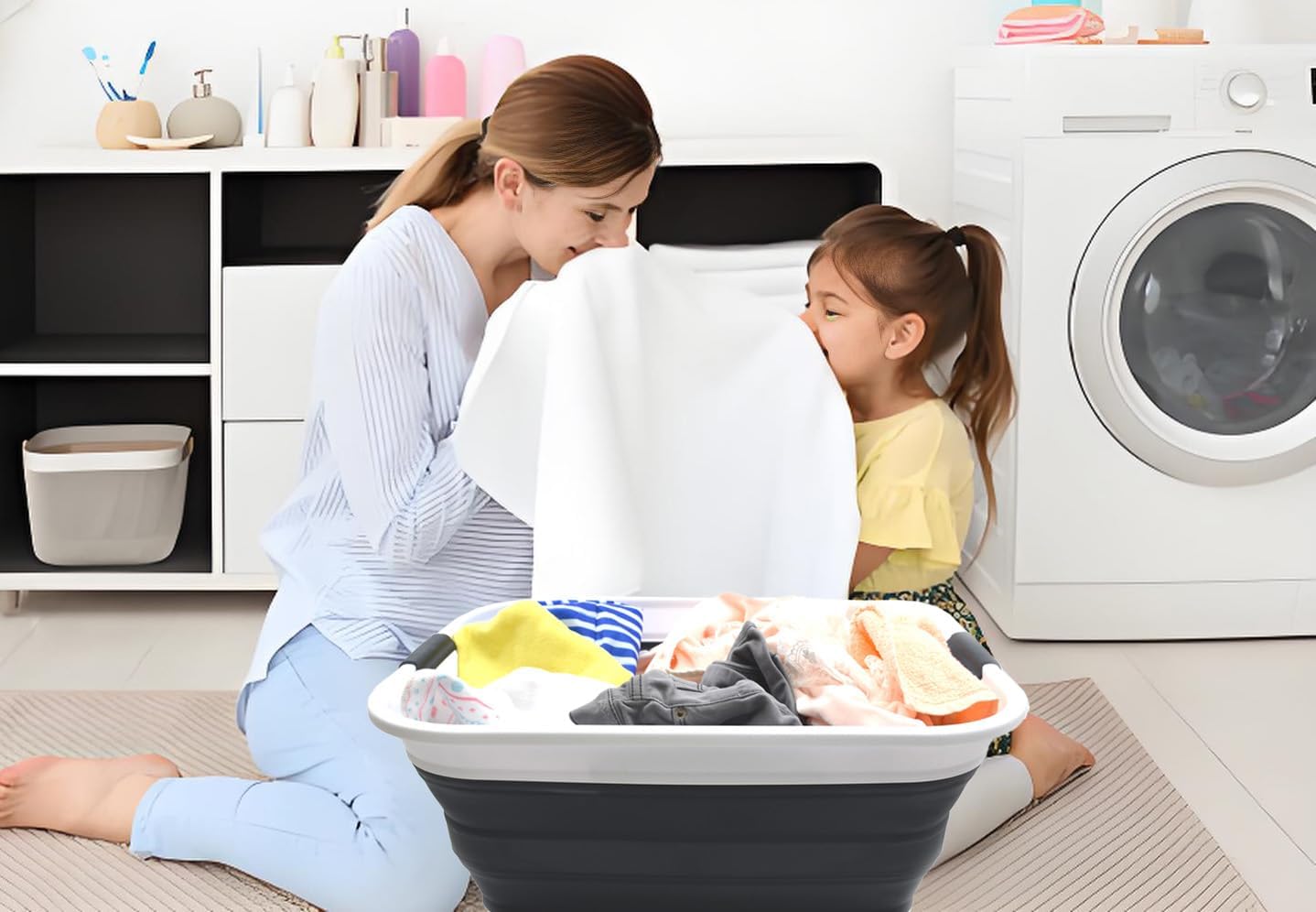 SAMMART 42L(11 gallon) Collapsible Plastic Laundry Basket-Foldable Pop Up Storage Container-Portable Washing Tub-Space Saving Basket Water capacity 34L(9 gallon) (1 Rectangular - strengthen  Black)