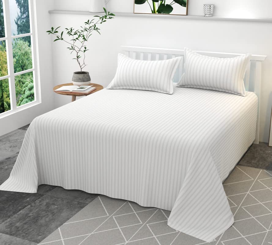 Femfairy 300TC Glace Cotton Plain Stripe Queen Size Double Bedsheet with 2 Pillow Cover for Home, Hotel, Guest Room (90 X 100) I