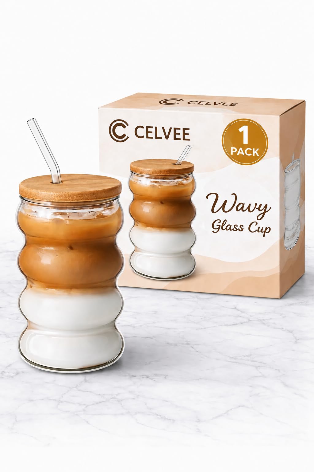 Celvee Round Wave Glass Cola Mug Can, 500ml, with Straw, for Coffee, Milk, Juice, Green Tea, Pack of 1
