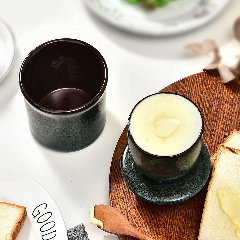 Teapeak Pottery Butter Keeper Crock - Ceramic Dish with Water Line, 3.93x4.3 inches, Blue