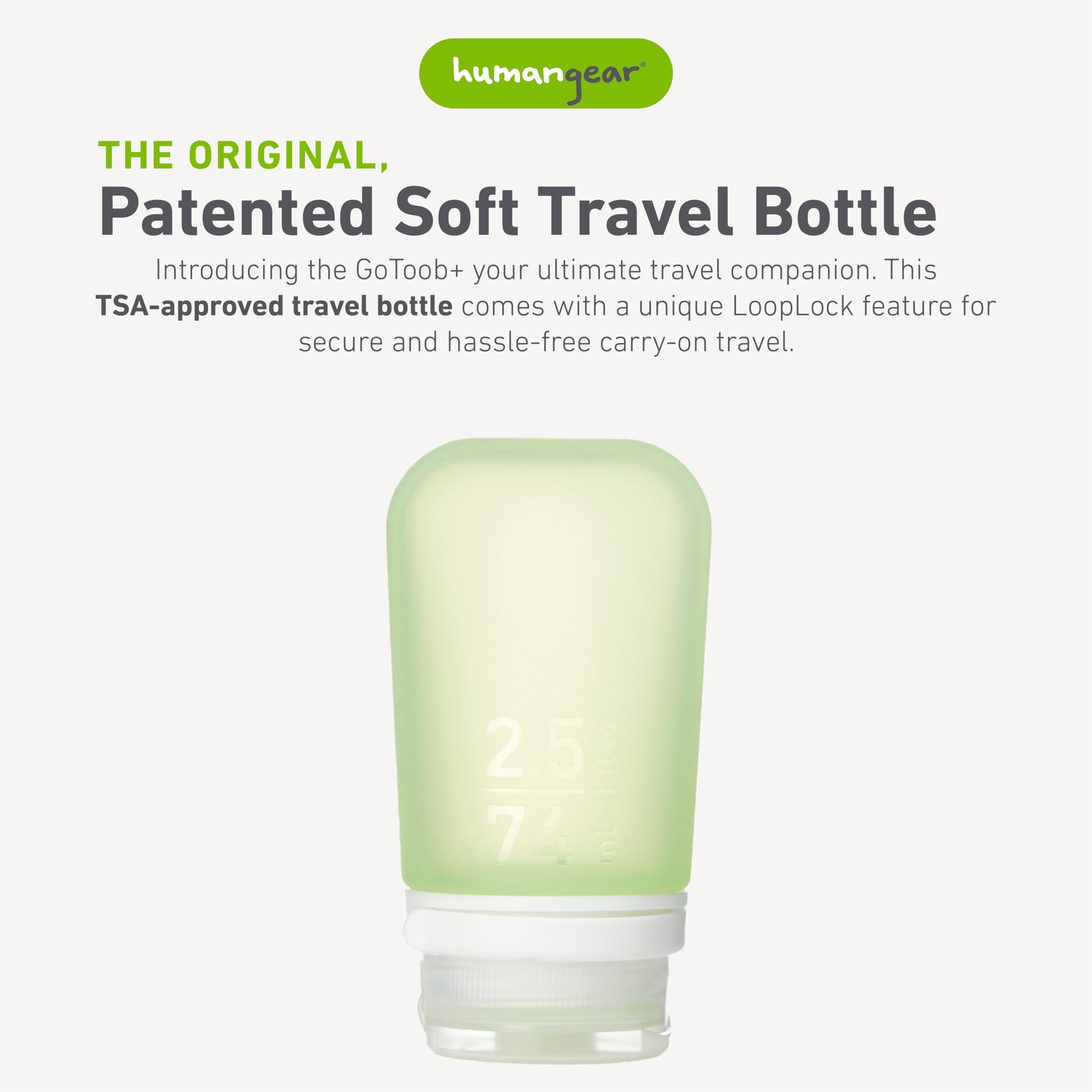 Humangear Gotoob+ (Medium) | Refillable Silicone Travel Bottle | Locking Lid | Food-Safe Material | Green, Medium (2.5 Fl.Oz.; 7