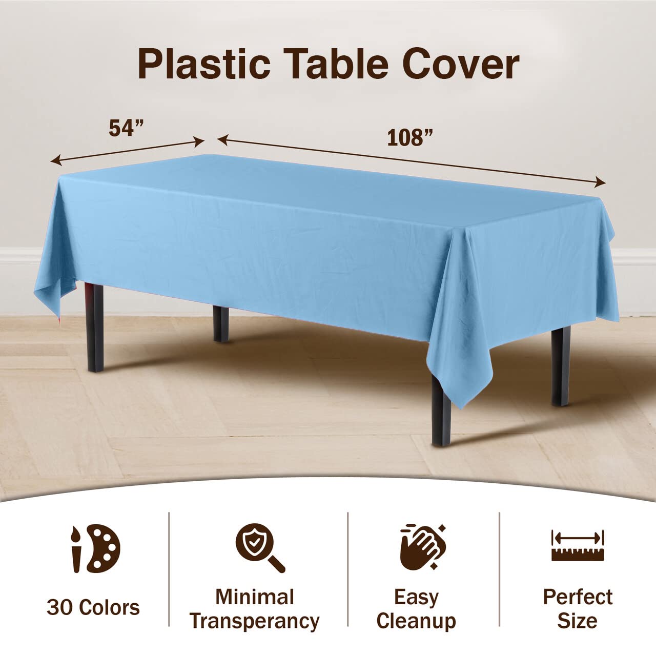 Exquisite 6-Pack Premium Plastic Tablecloth 54In. X 108In. Rectangle Plastic Table Cover - Light Blue
