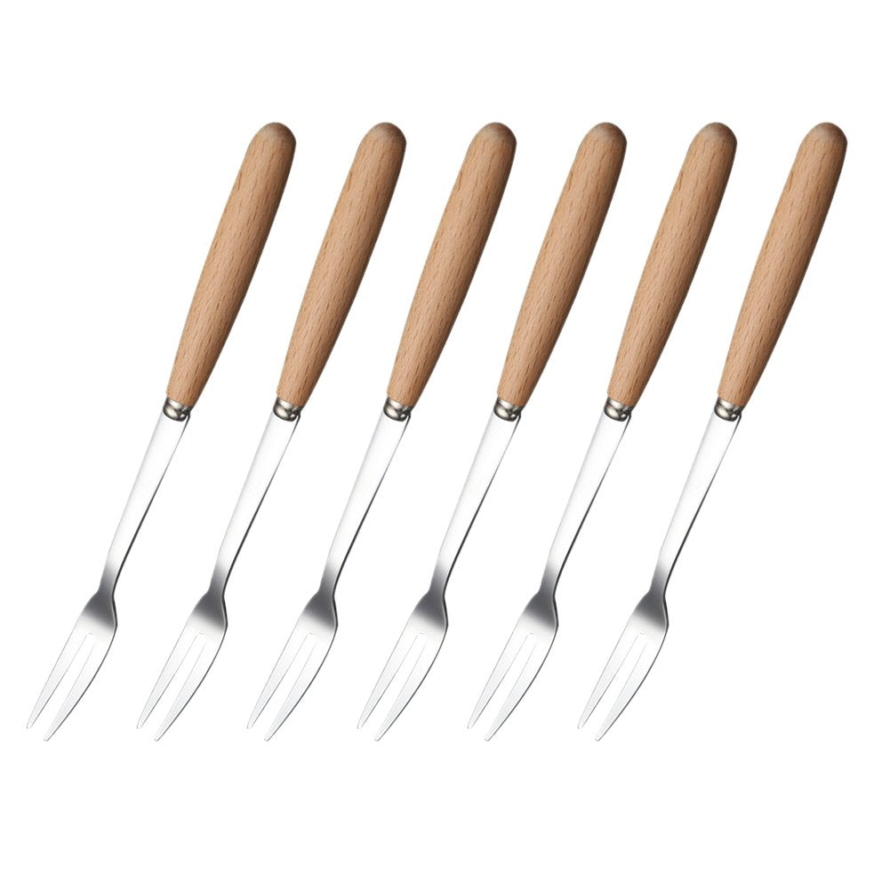 6 Pcs Wooden Handle Stainless Steel Two Prong Forks Fruit Cake Appetizer Forks