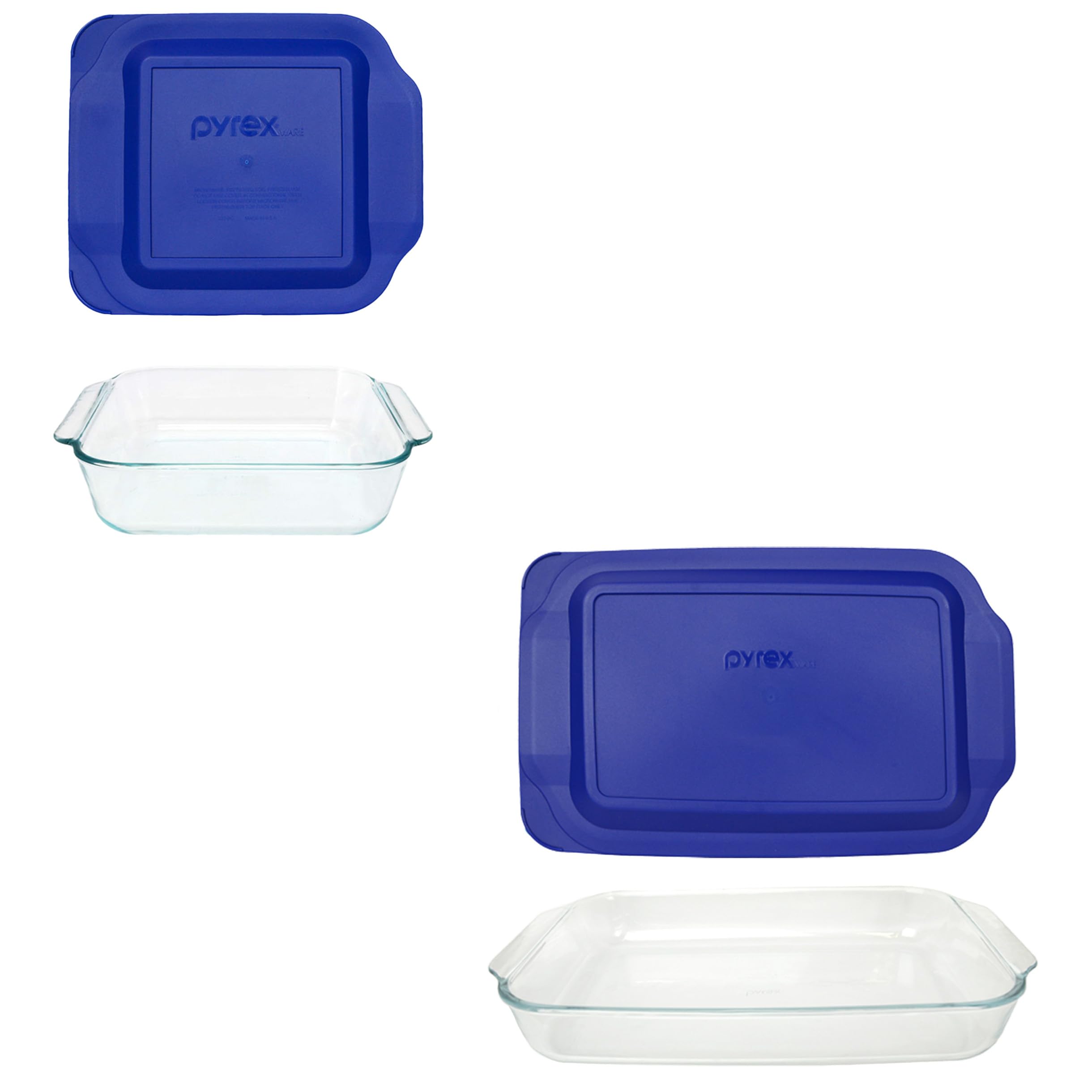 Pyrex Glass Baking Dish Set with Blue Lids, (2Qt) and (3Qt)  Made in USA