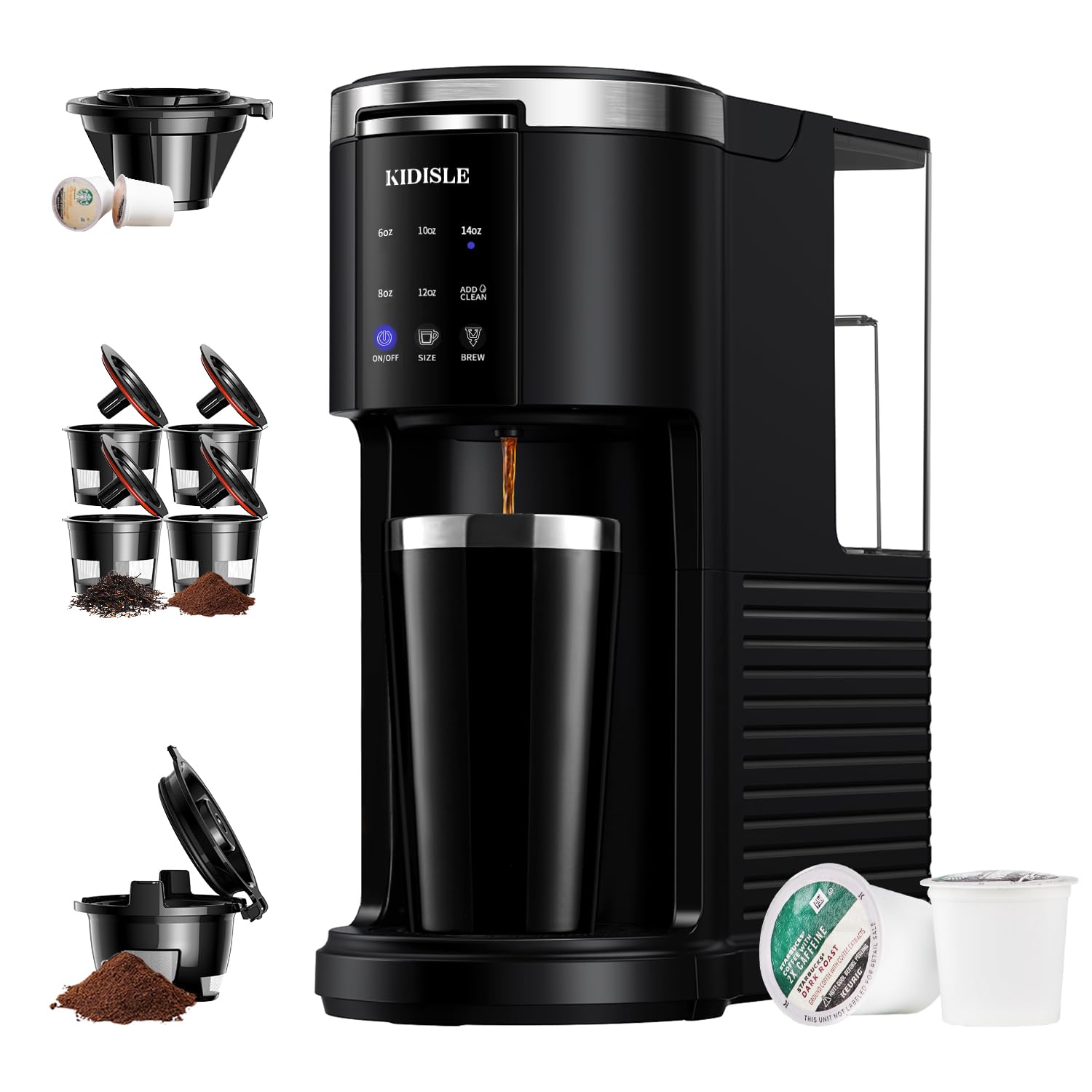 Kidisle Single Serve Coffee Machine With Stainless Steel Interior Thermal Travel Mug, 3 In 1 Pod Coffee Maker For K Cup Pods & G
