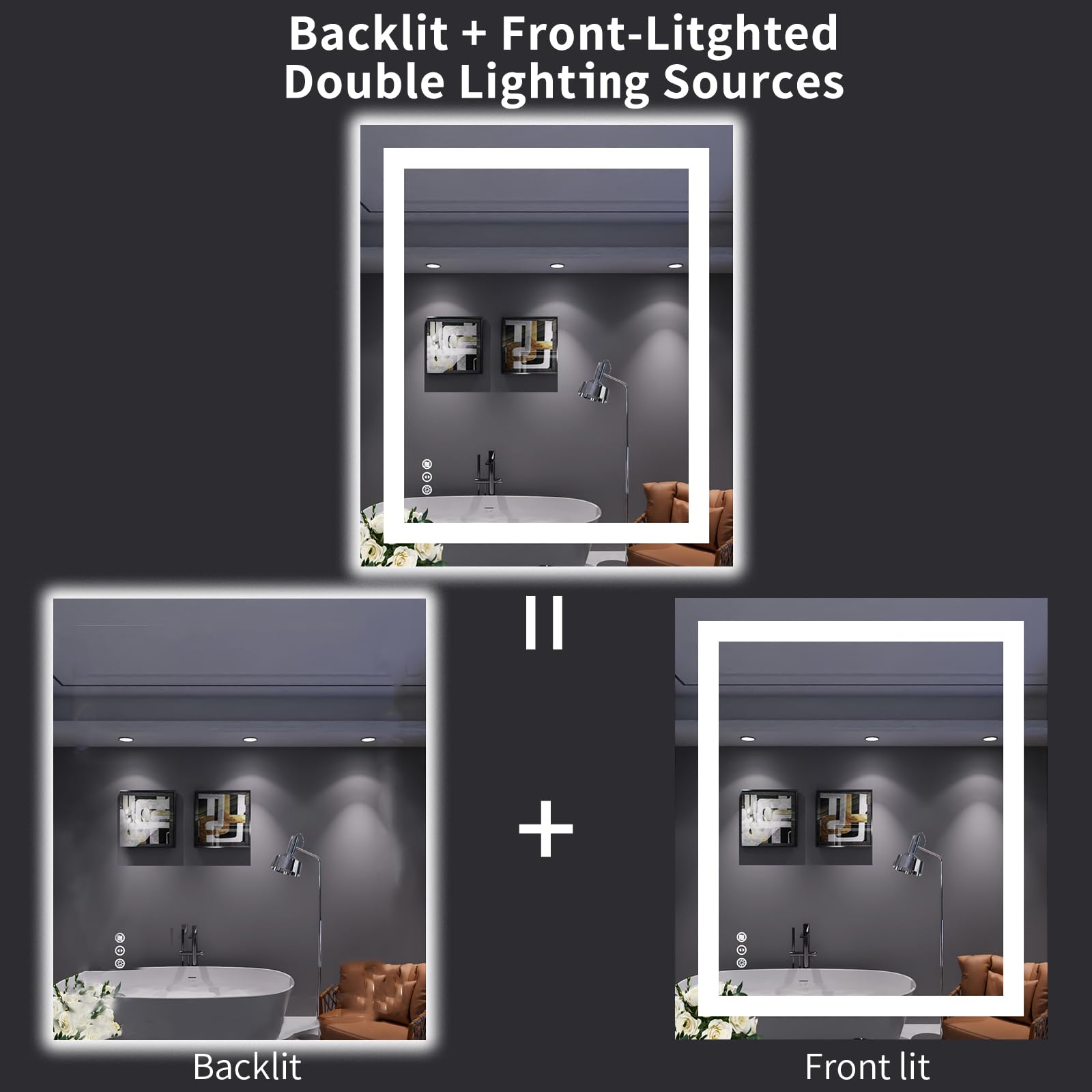 Loaao 30X36 Led Bathroom Mirror With Lights, Anti-Fog, Dimmable, Backlit + Front Lit, Lighted Bathroom Vanity Mirror For Wall, M