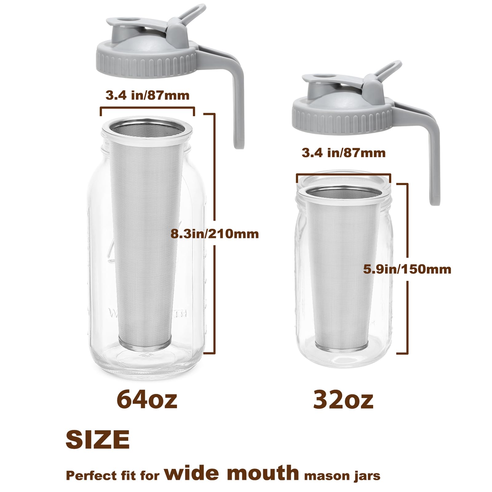 Cold Brew Coffee Filter With Pour Spout Lid For 32 Oz Wide Mouth Mason Jar, 304 Stainless Steel Strainer With Seal Ring For Iced