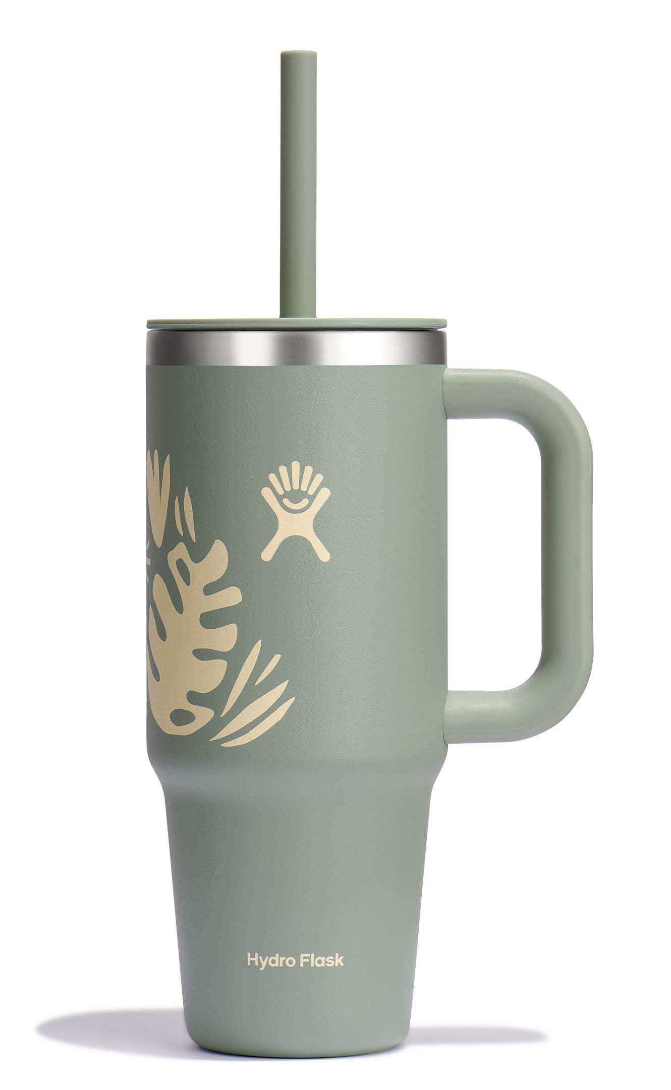 Hydro Flask Travel Tumbler with Handle, Lid and Straw - Insulated Stainless Steel in 24 Oz Botanical Bliss Agave