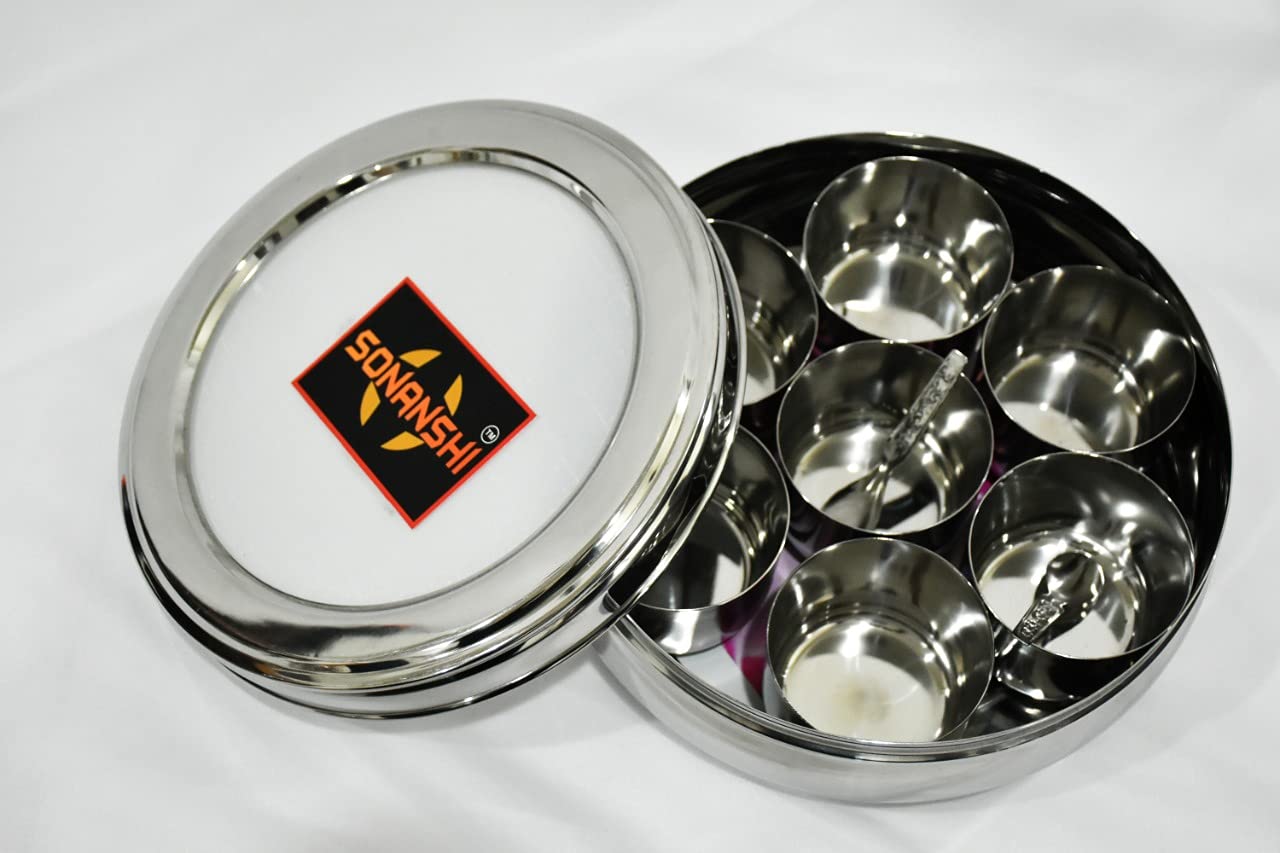 Sonanshi Stainless Steel Belly Shape Masala (Spice) Box/Dabba/Organiser With See Through Lid With 7 Containers And 2 Small Spoon