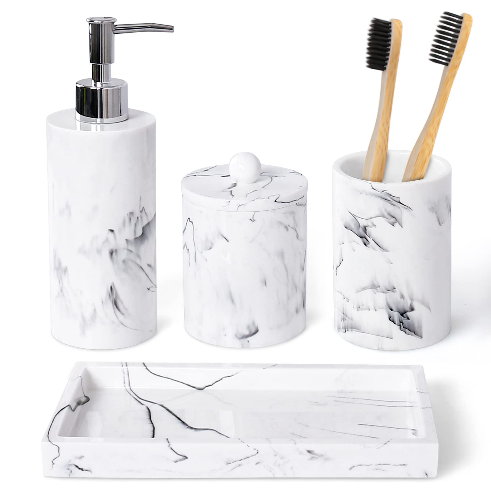 Haturi Bathroom Accessory Set, 4 Pcs Marble Look Bathroom Accessories Sets Complete With Soap Dispenser, Toothbrush Holder, Apot