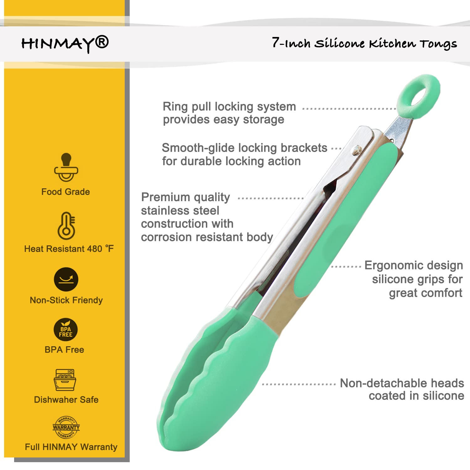Hinmay Mini Tongs With Silicone Tips 7 Inches Silicone Cooking Tongs, Set Of 3 (Mint)