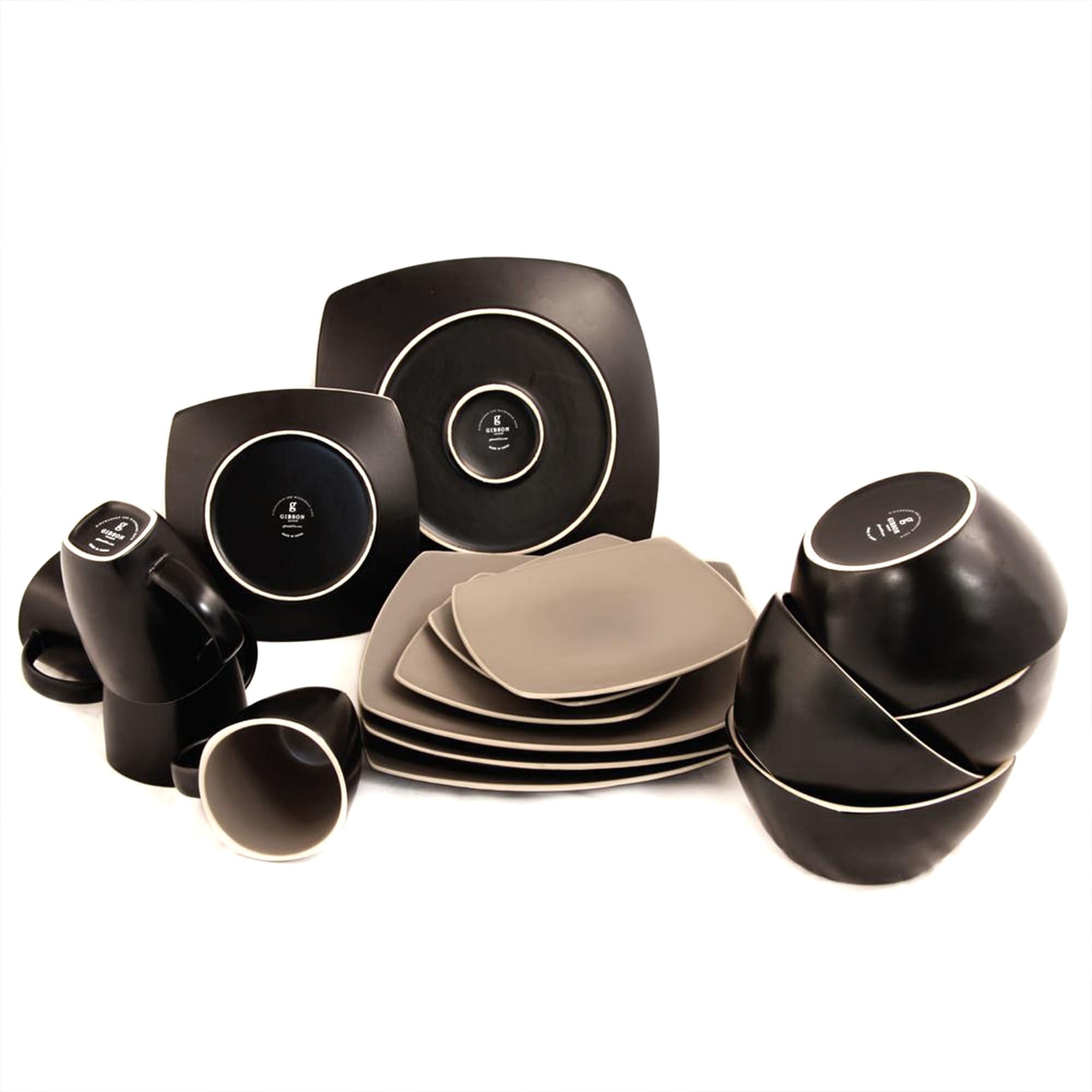 Gibson SoHo Lounge 16 pc DW Set Taupe - 12.50'' Length 12.50'' Width Dinner Plate, 7.75'' Length 7.75'' Width Dessert Plate, 6.5