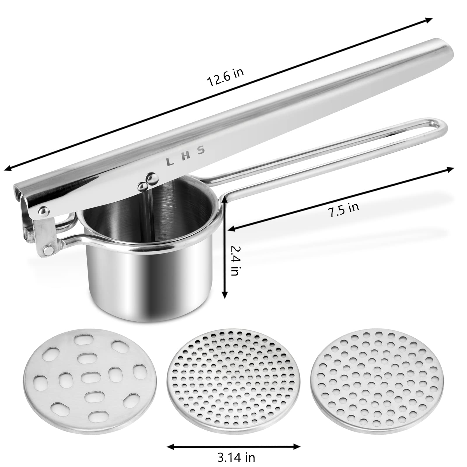 LHS Potato Ricer and Masher, Heavy Duty Stainless Steel, 34x12x9 cm, Silver, Model 101126 for Smooth Mashed Potatoes and Puree