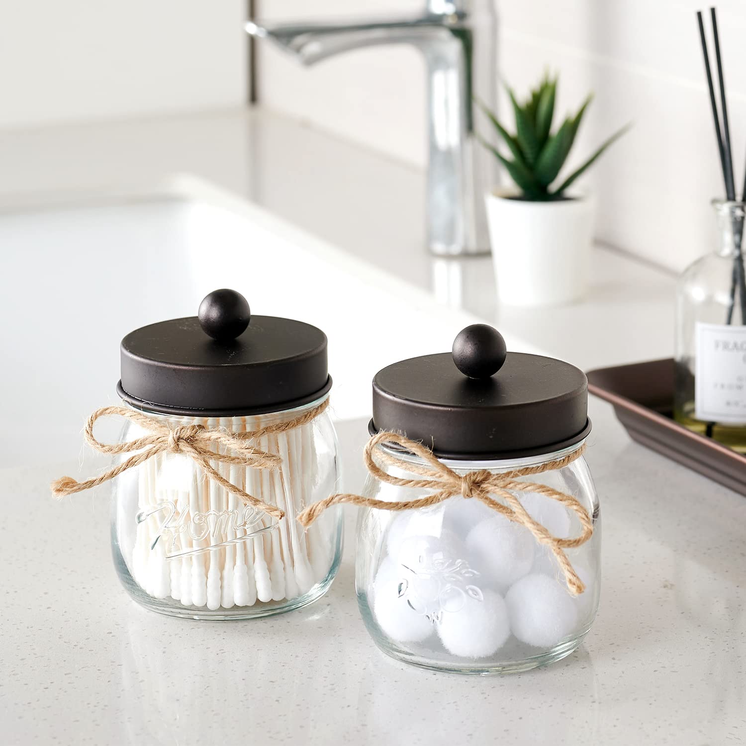 SheeChung Mason Jar Bathroom Apothecary Jars - Rustproof Stainless Steel Lid Farmhouse Decor Bathroom Vanity Storage Organizer Holder Glass for Cotton Swabs Rounds Ball Flossers(Bronze  2-Pack)
