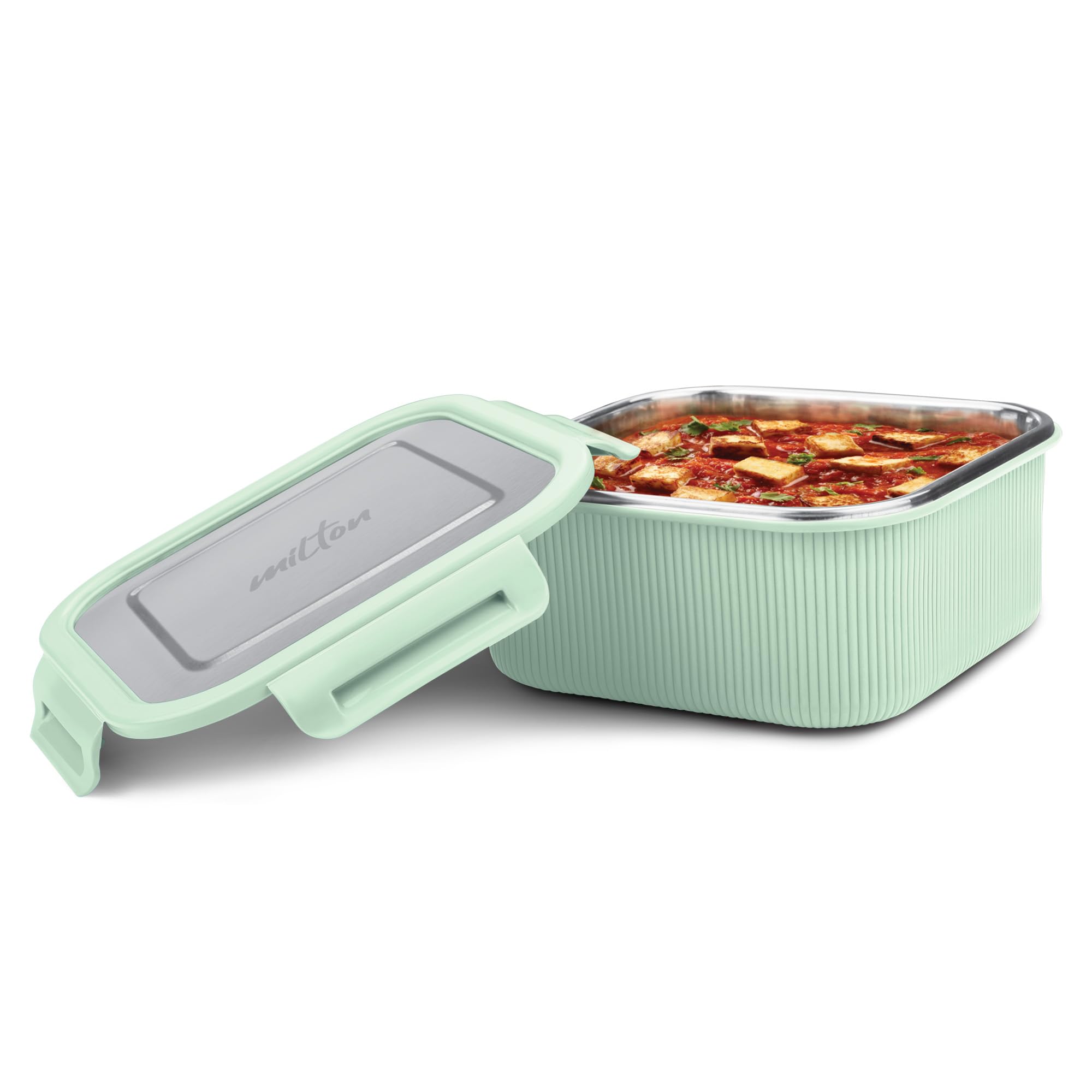 Milton Cool Touch Square 1600 Stainless Steel Container, 1580 Ml, Aqua Green | Microwave Safe | Food Grade | Bpa Free | Refriger