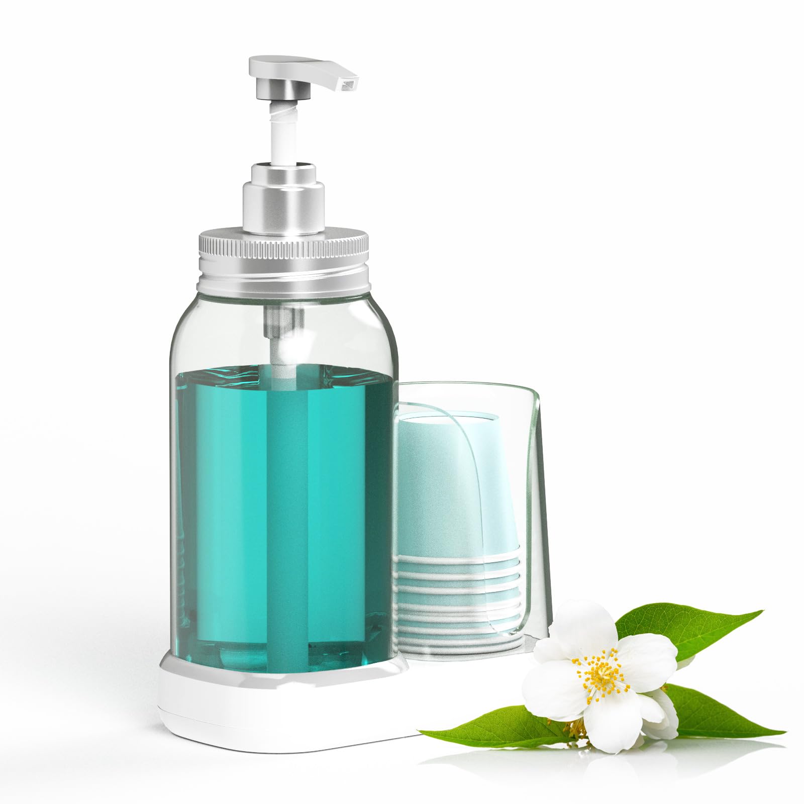 Luvan Mouthwash Dispenser For Bathroom, 25Oz Mouthwash Pump Bottle With Cup Holder, Refillable Clear Blue Mouth Wash Container F