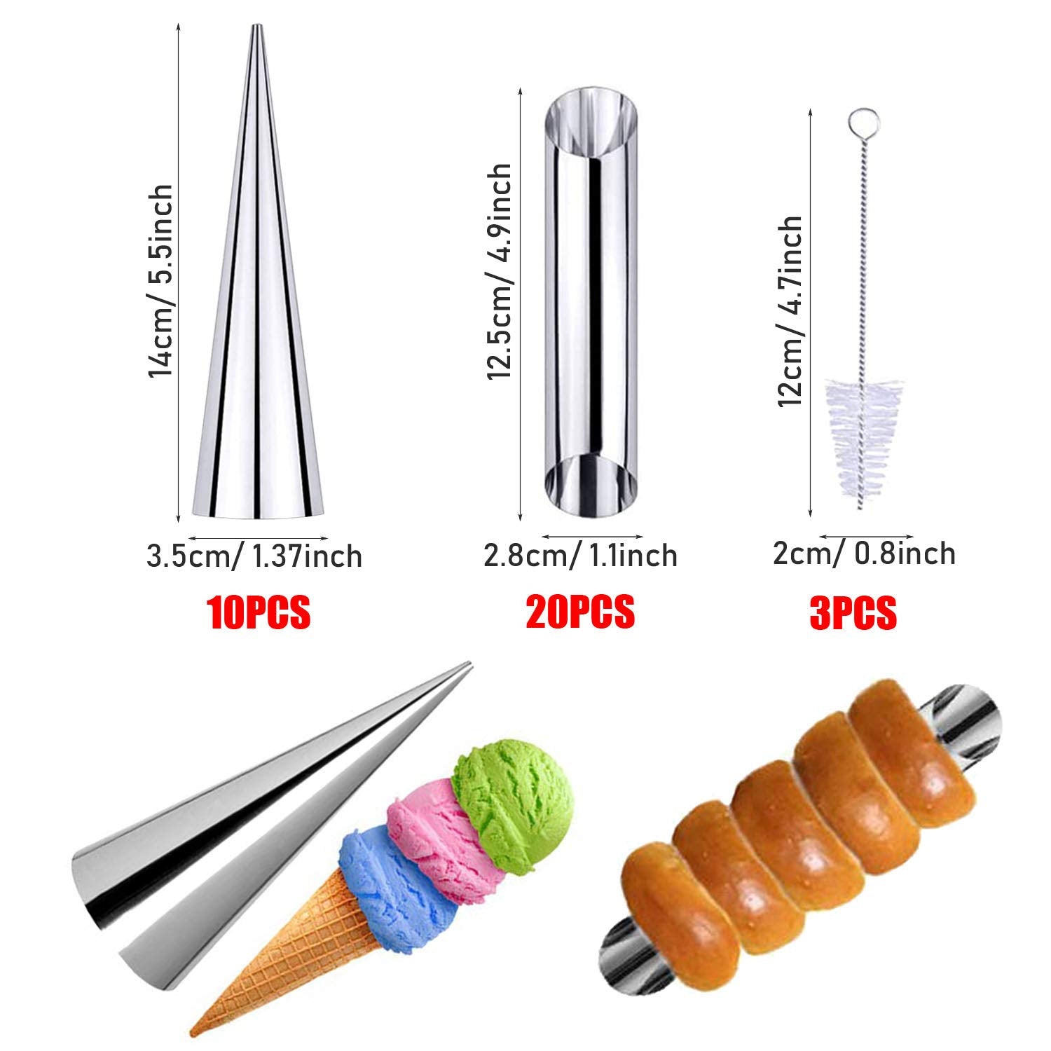 Woohome 34 Pcs Stainless Steel Cannoli Form Tubes, Cream Horn Mold, 20 Pcs Diagonal Shaped And 10 Pcs Cone Tubular Shaped Mold,B
