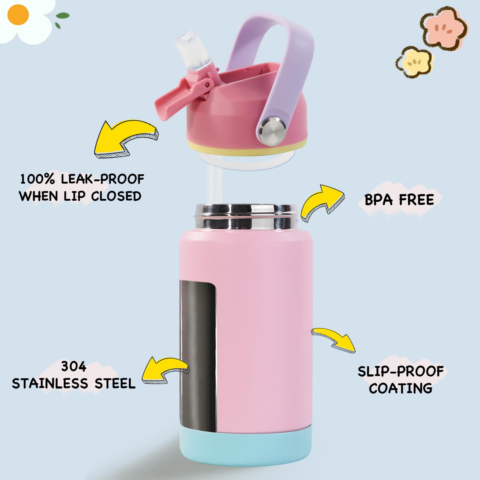 Kerilyn 12oz Insulated Water Bottle, Stainless Steel Insulated Kids Water Bottle, Toddler Cup with Straws Leak-Proof, Kids Water