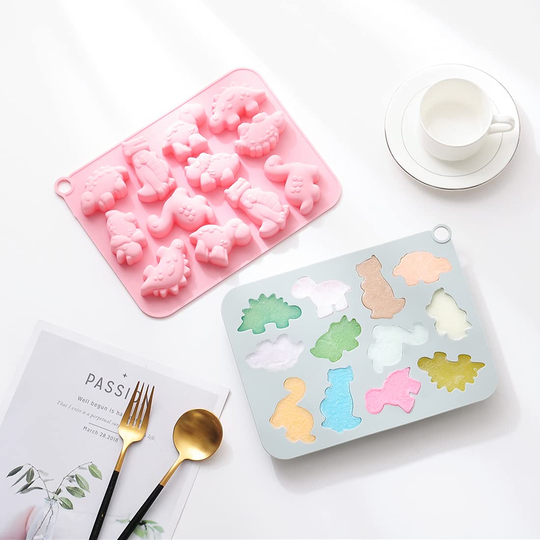 Jomihoney 2Pcs Cute Dinosaur Silicone Cake Molds Kid'S Cartoon 3D Dino Chocolate Gummy Mold Tray 12 Cavity Candy Fondant Mould C