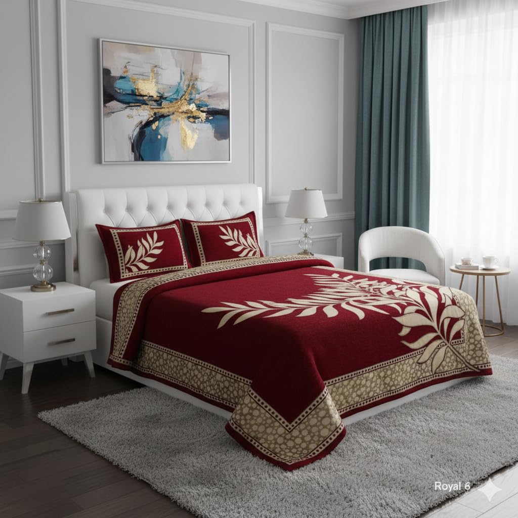 Fresh From Loom Chenille Velvet Floral 500 Tc Heavy Bedsheet For Double Bed King Size - 90 X 100 Inch Maroon Color With 2 Pillow