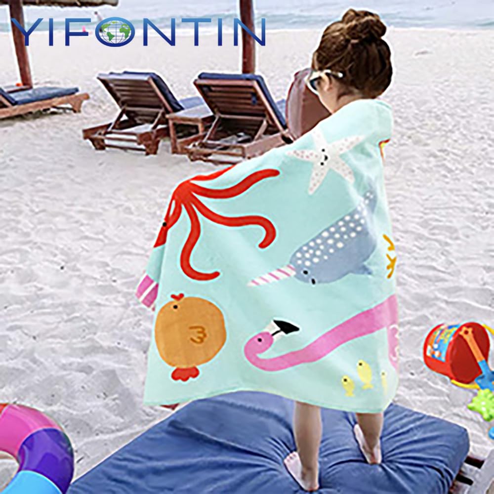 YIFONTIN Beach Towel for Kids Velour Terry Blanket Throw 100% Cotton 25.5X51 inches for Swimming Bath Travel Camping and Picnic  Flamingo Lobster Octopus.