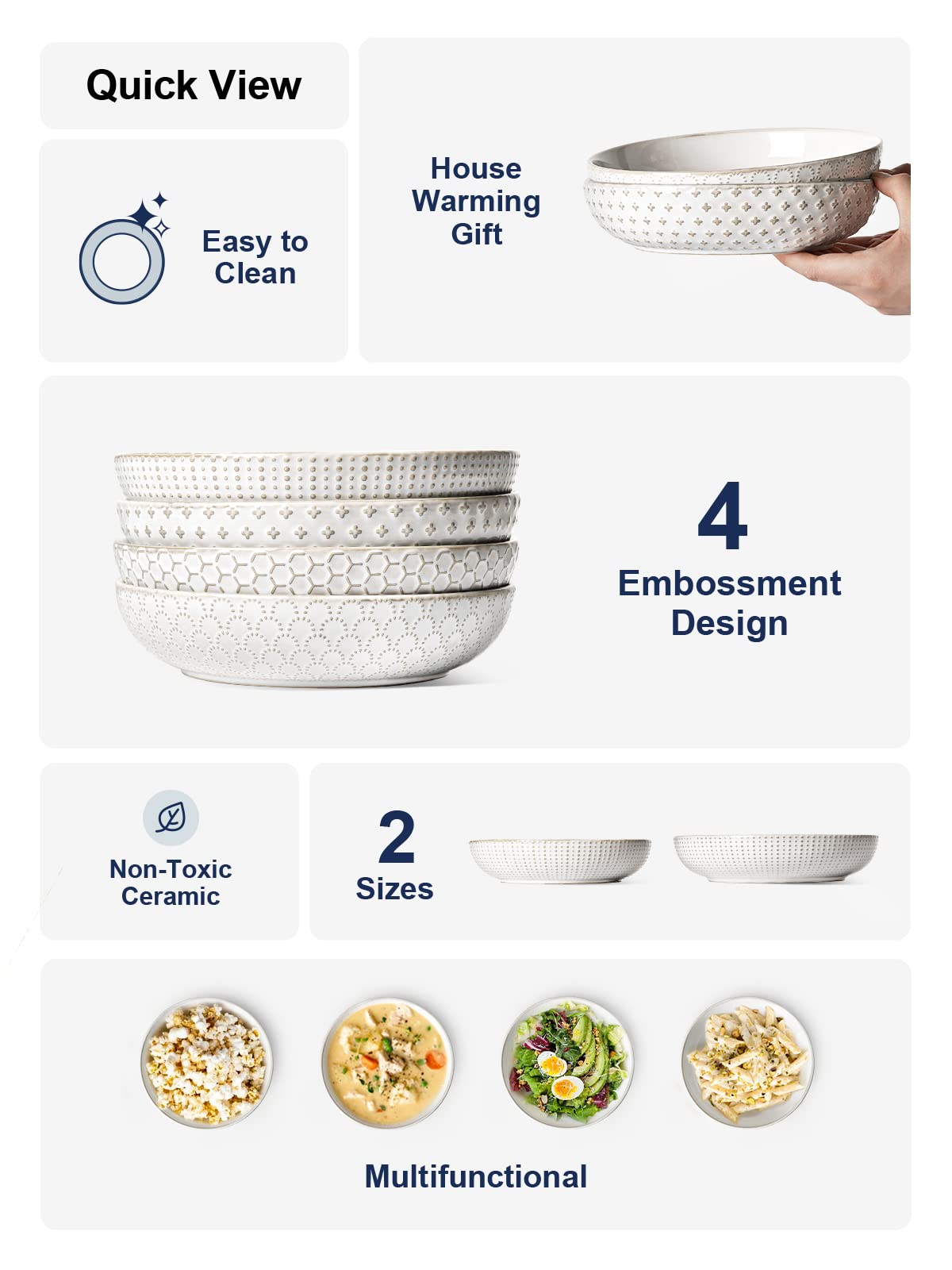 Le Tauci Pasta Bowl 36 Oz, Salad Bowl Serving Plate Bowls, Housewarming Wedding Present, Ceramic Embossment Bowl For Pasta, Frui