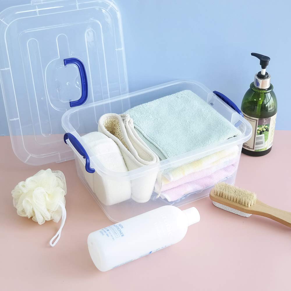 Easymanie 8 Quart Clear Bins With Navy Blue Handle, Plastic Storage Boxes, 2 Packs