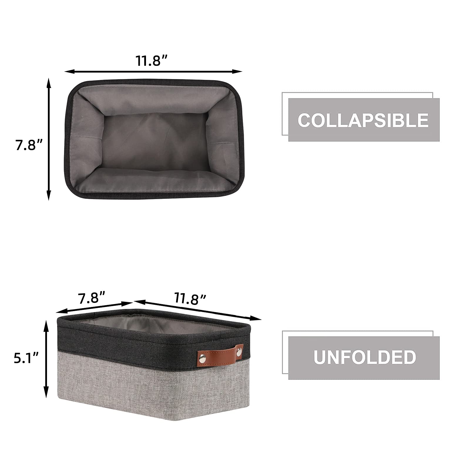 HNZIGE Small Storage Baskets Fabric Bins(6-Pack)Baskets for Shelves  Empty Gift baskets with Leather Handles Folable Baskets for organizing Clothes  Toys  Books  Gifts(Black&Gray 11.8'' x 7.8'' x 5.1'')