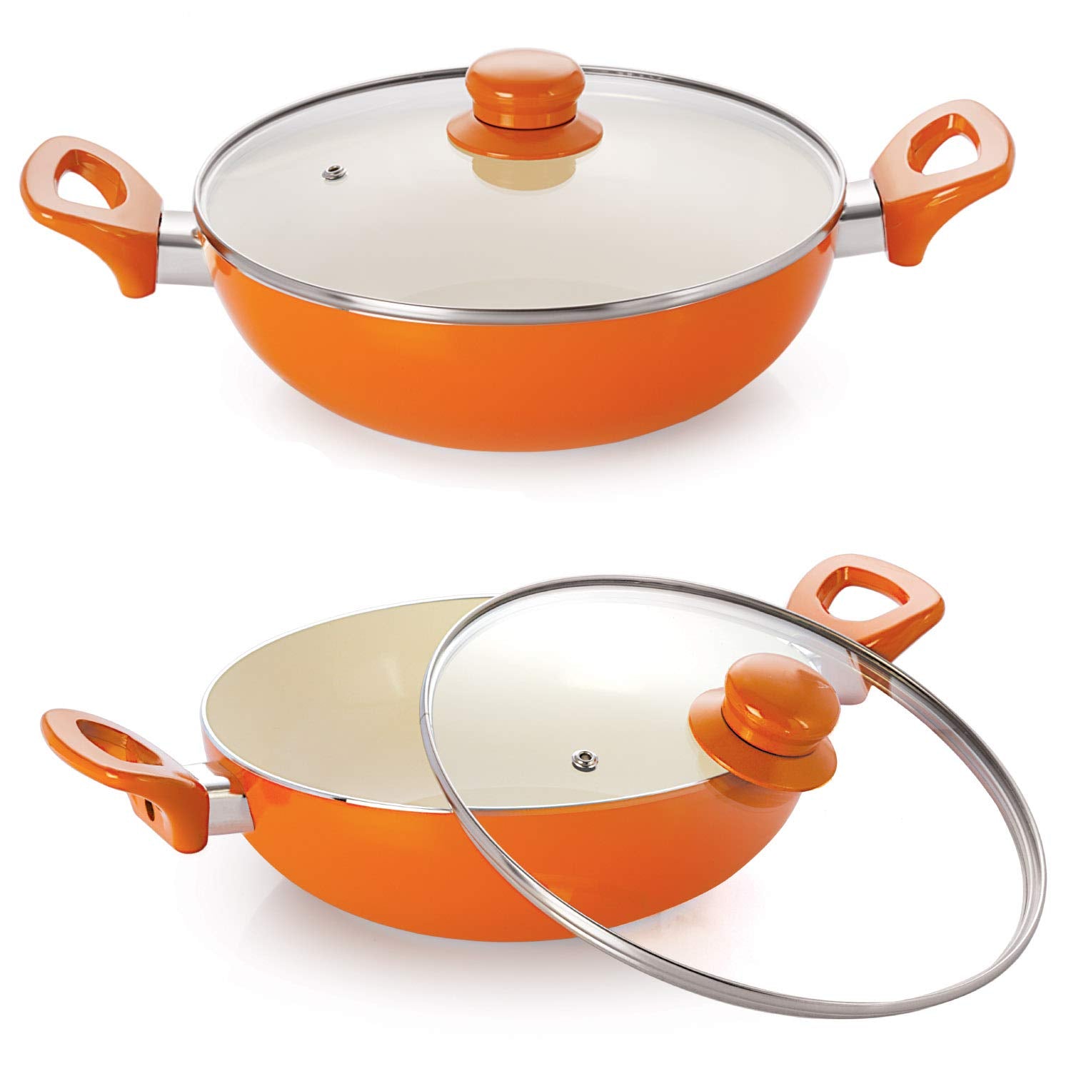 Nirlon Ceramic Induction Base NonStick Aluminium Kadhai Set With Glass Lid  Orange
