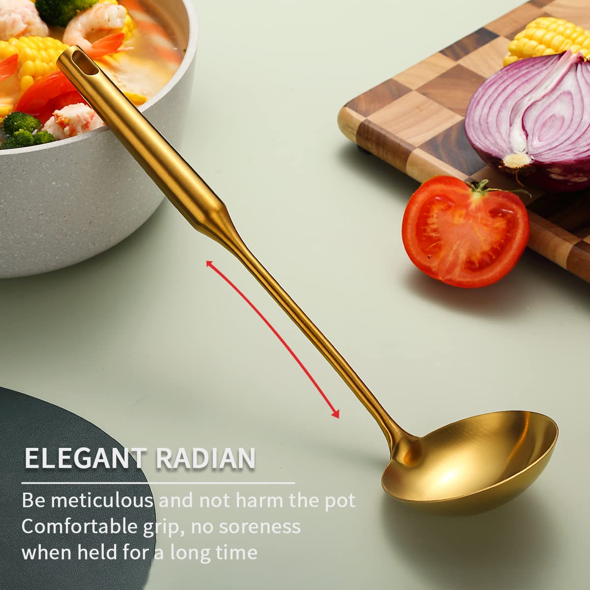 Gold Kitchen Ladle, Evanda Titanium Golden Plating Stainless Steel Cooking Soup Ladle, Sturdy And Heavy Duty Design Ladel, Heat-