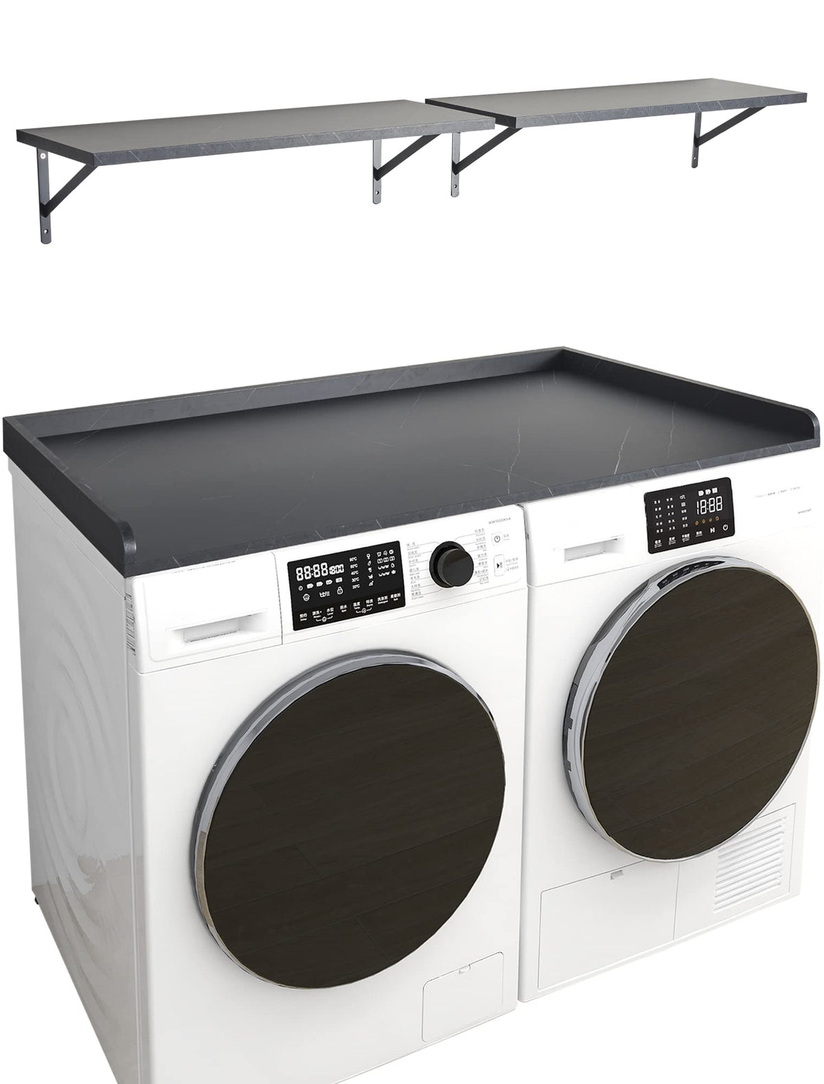 Kaboon Washer Dryer Countertop And Shelves Set, Melamine Countertop With Edge Rails - 27.5'' Depth X 54'' Width Laundry Room Org