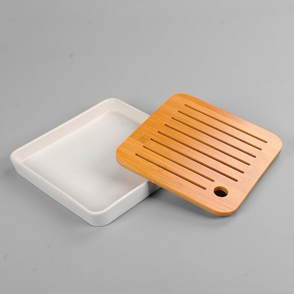 Hoobar Bamboo Kung Fu Tea Tray Table Serving Tray Chinese Style Water Storage (White)