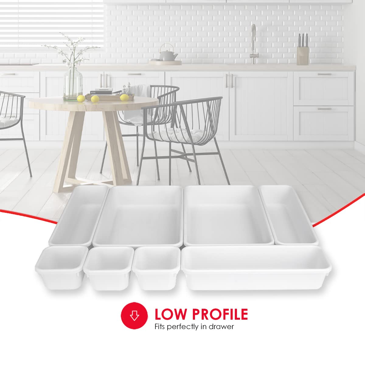 Home Basics 8 Piece Kitchen, Adjustable And Customizable Multi-Drawer Divider Organizer Set Multipurpose Use White