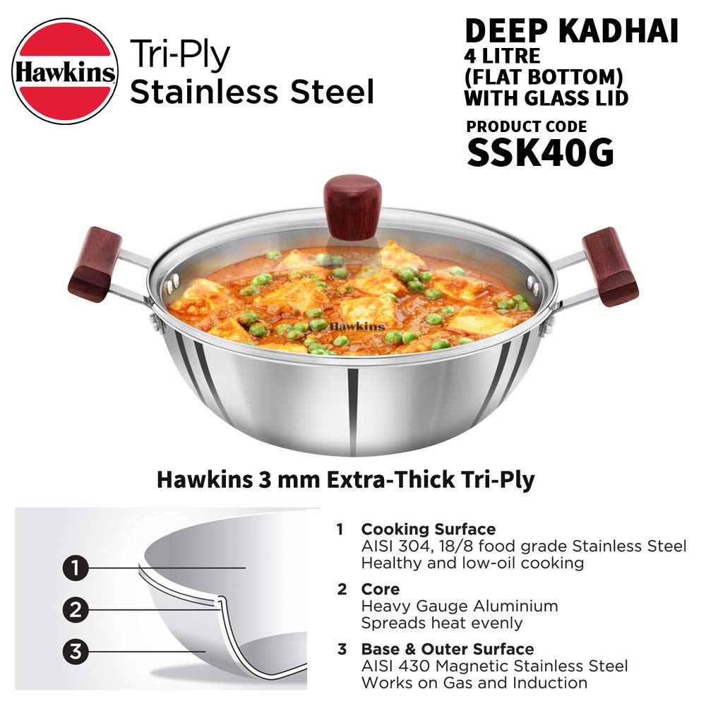 Hawkins 4 Litre Deep Kadhai, Triply Stainless Steel Kadai With Glass Lid, Flat Bottom Induction Kadhai, Big Kadai, Silver (Ssk40