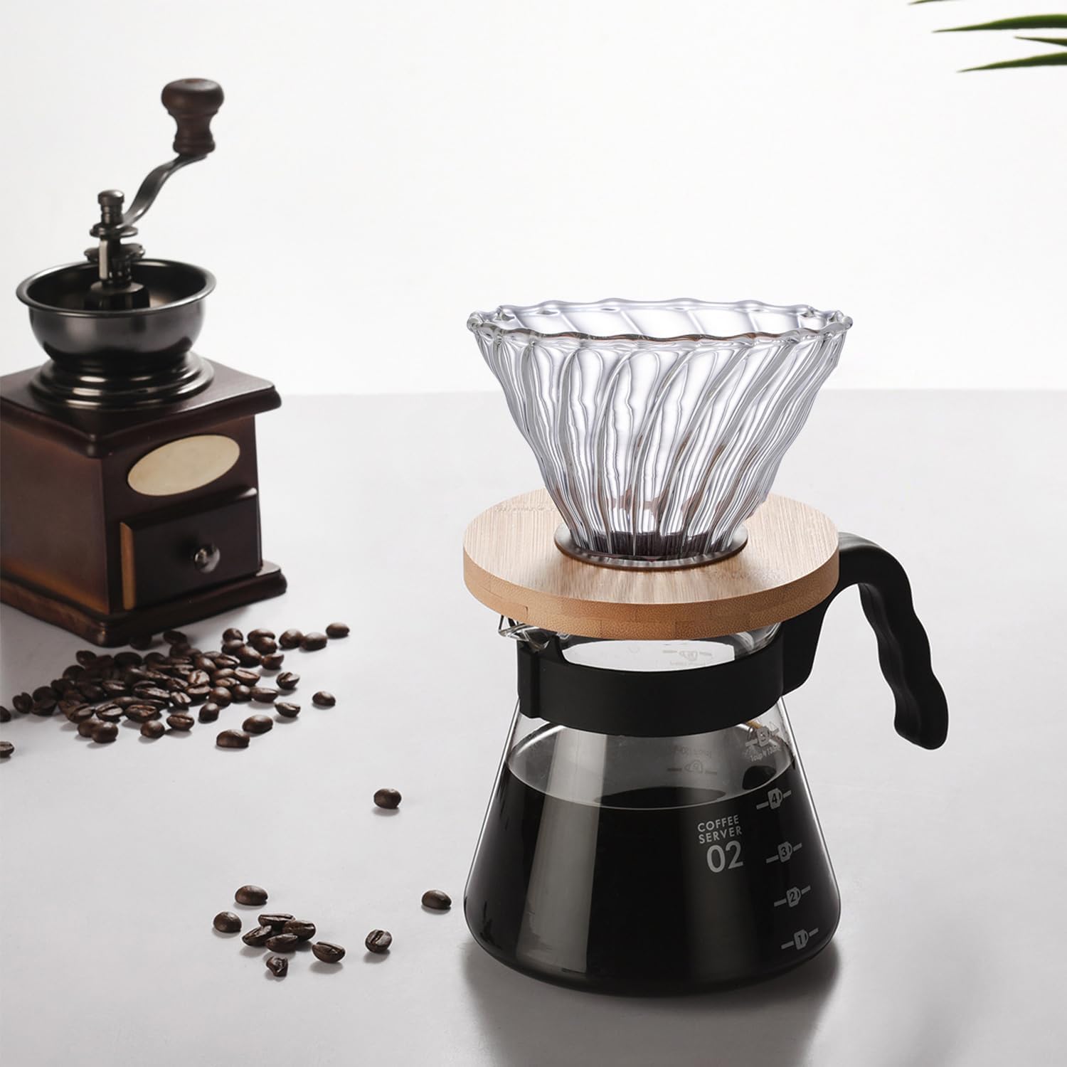Gute Glass Coffee Dripper - Cone Pour Over with Bamboo Stand, 2-4 Cups, Clear