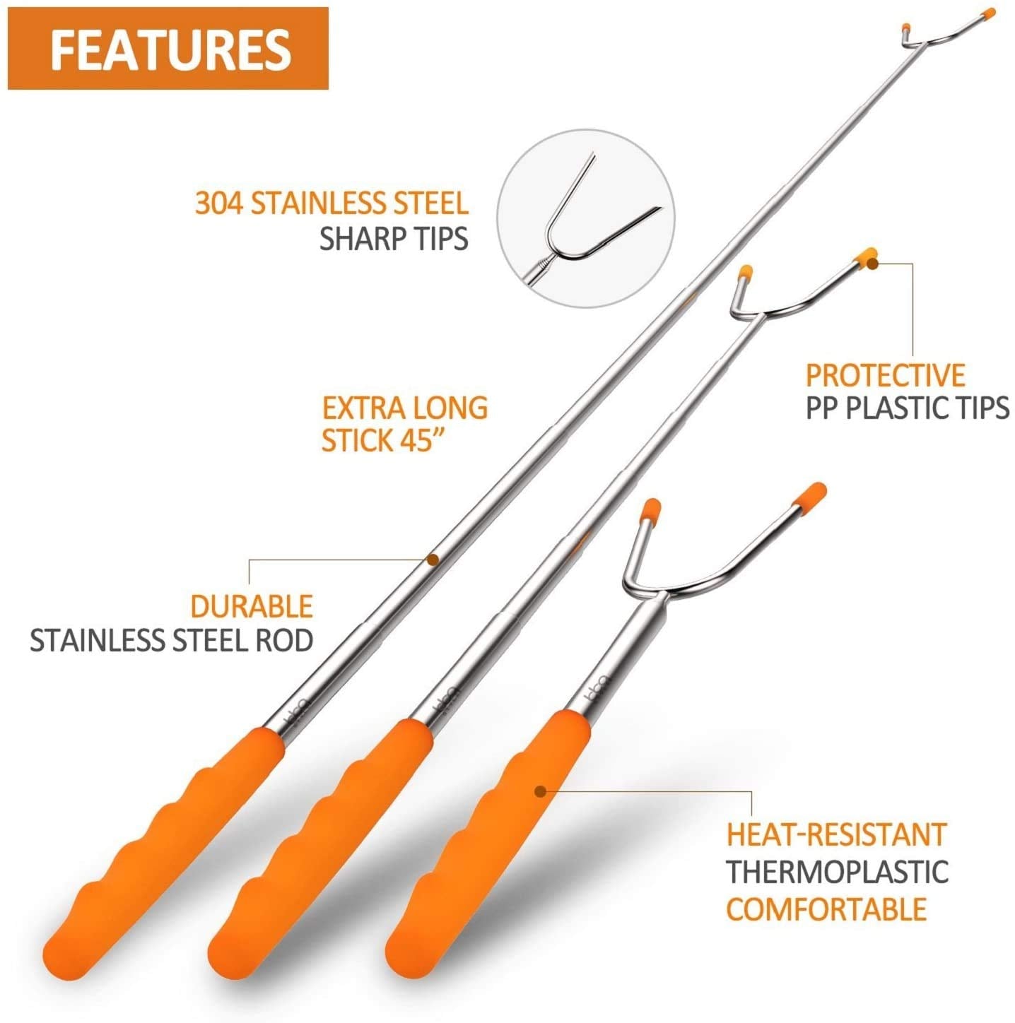 BBQStyle Marshmallow Roasting Sticks  Set of 8 Pack Premium 45'' Extendable Rotating Telescoping Forks for Hot Dog & Smores  Special Safe and Healthy Cookware for Campfire  Camping & Bonfire