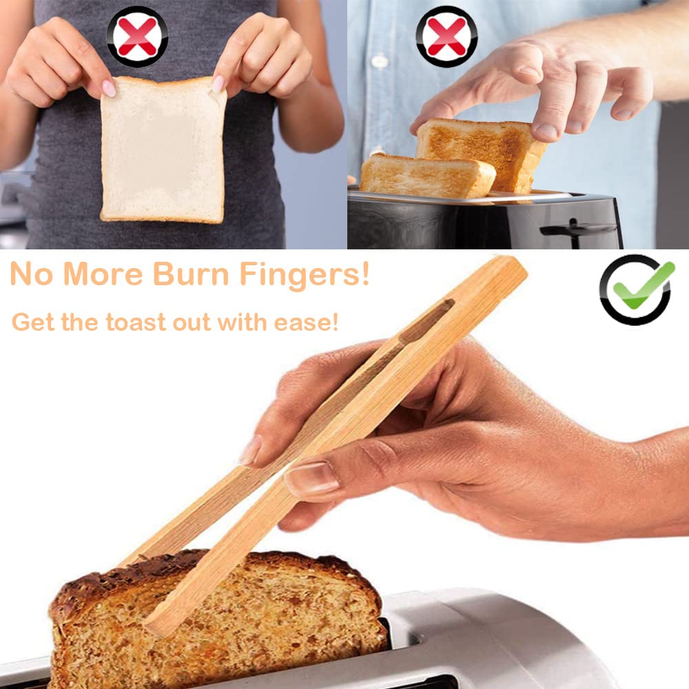 Bamboo Toast Tongs, 7 Inches Mini Wood Cooking Tong With Anti-Slip Design Great For Serving Food/Toaster/Bread & Pickles/Sugar/B