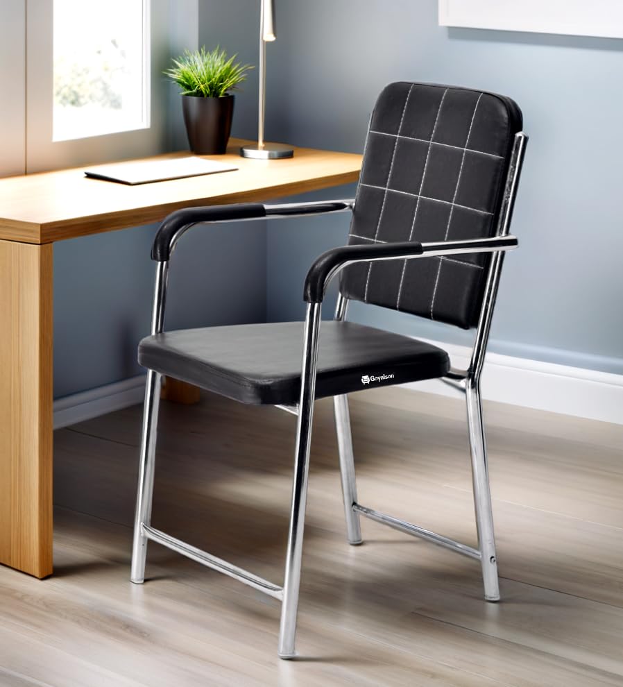 Goyalson Office Chair Visitor With Arm Rest With Steel Frame And Cushioned Seat Back Chair Without Wheels Chair (1, Black, Heavy