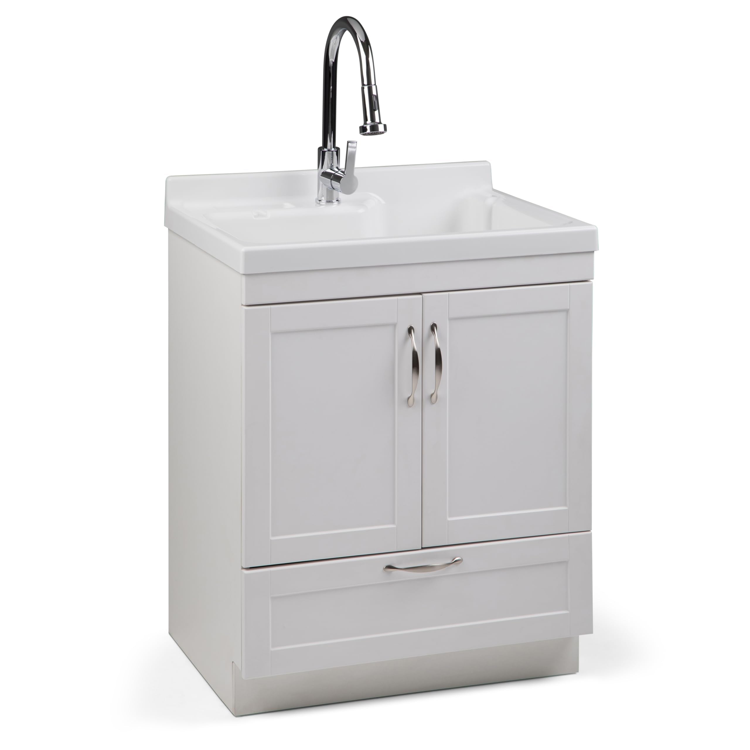 SIMPLIHOME Maile All-in-One 28 inch Wide Utility Sink and Laundry Cabinet in Pure White Finish, Transitional ABS Sink Cabinet fo