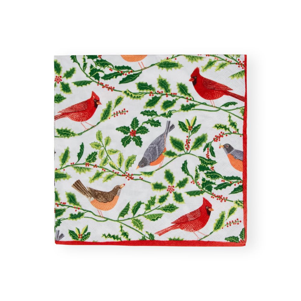 Songbirds And Holly Paper Luncheon Napkins In White - 20 Per Package