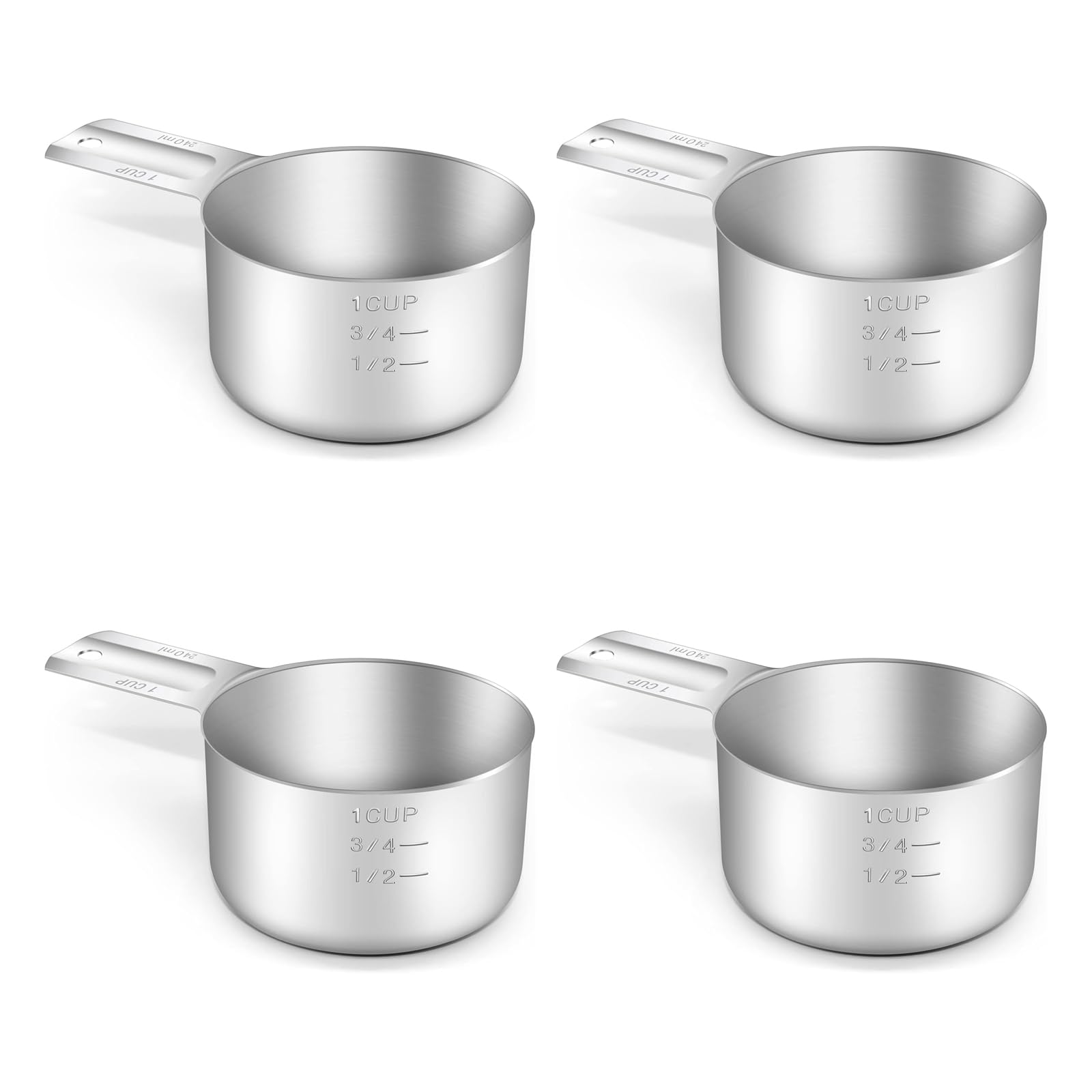 BERYLER 4PCS 1Cup (240ml, 8oz) Single Measuring Cup, Stainless Steel Measure Scoop, Metric and US Measurement, Dishwasher Safe