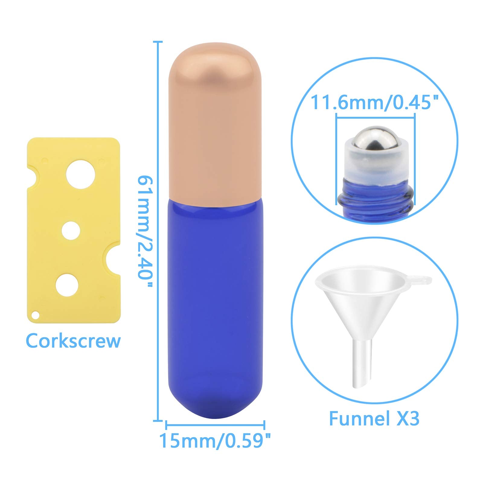 Newzoll 15Pcs Blue Glass Roller Bottles 5Ml Roll-On Bottles Refillable Empty Rolling Bottles Roller Vials Container For Essentia