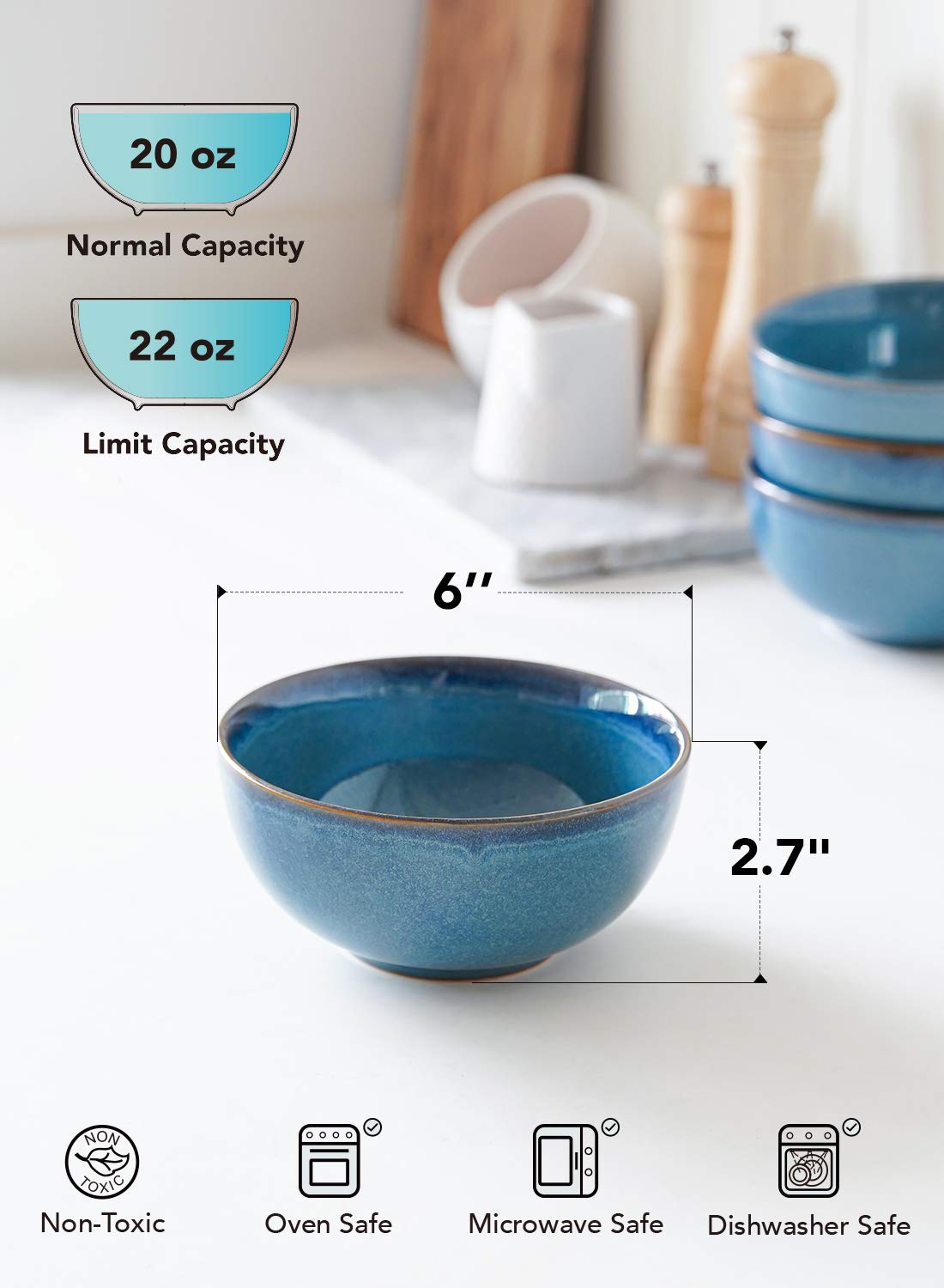 Le Tauci Cereal Bowls 6 Inch, Ceramic Bowl Set For Soup, Dessert, Fruits, Salad, Noodle, Ramen, 22 Ounce Bowls For Kitchen, Set