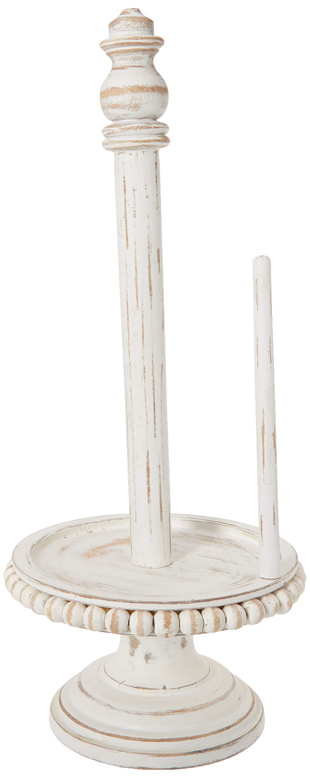 Mud Pie 47100002 Farmhouse Washed Beaded Wood Pedestal Paper Towel Holder, 16'' X 6'' Dia, White, Grey