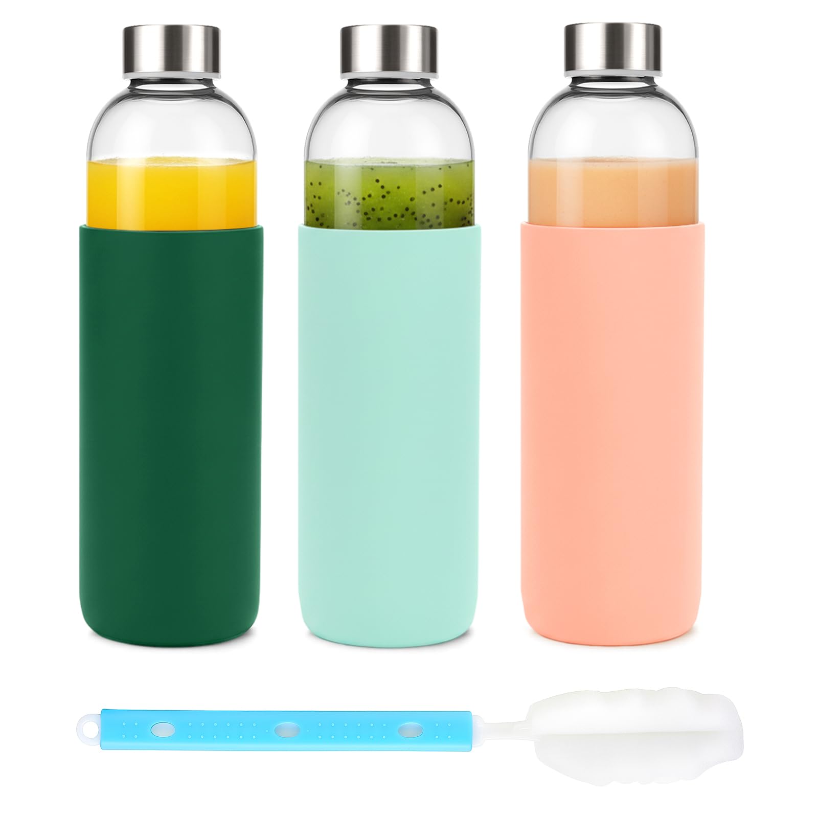 Sursip 32 oz (Set of 3) Glass Juice Bottles with Lids & Silicone Sleeve - Reusable, Refillable, Leakproof, BPA Free for Juicing,